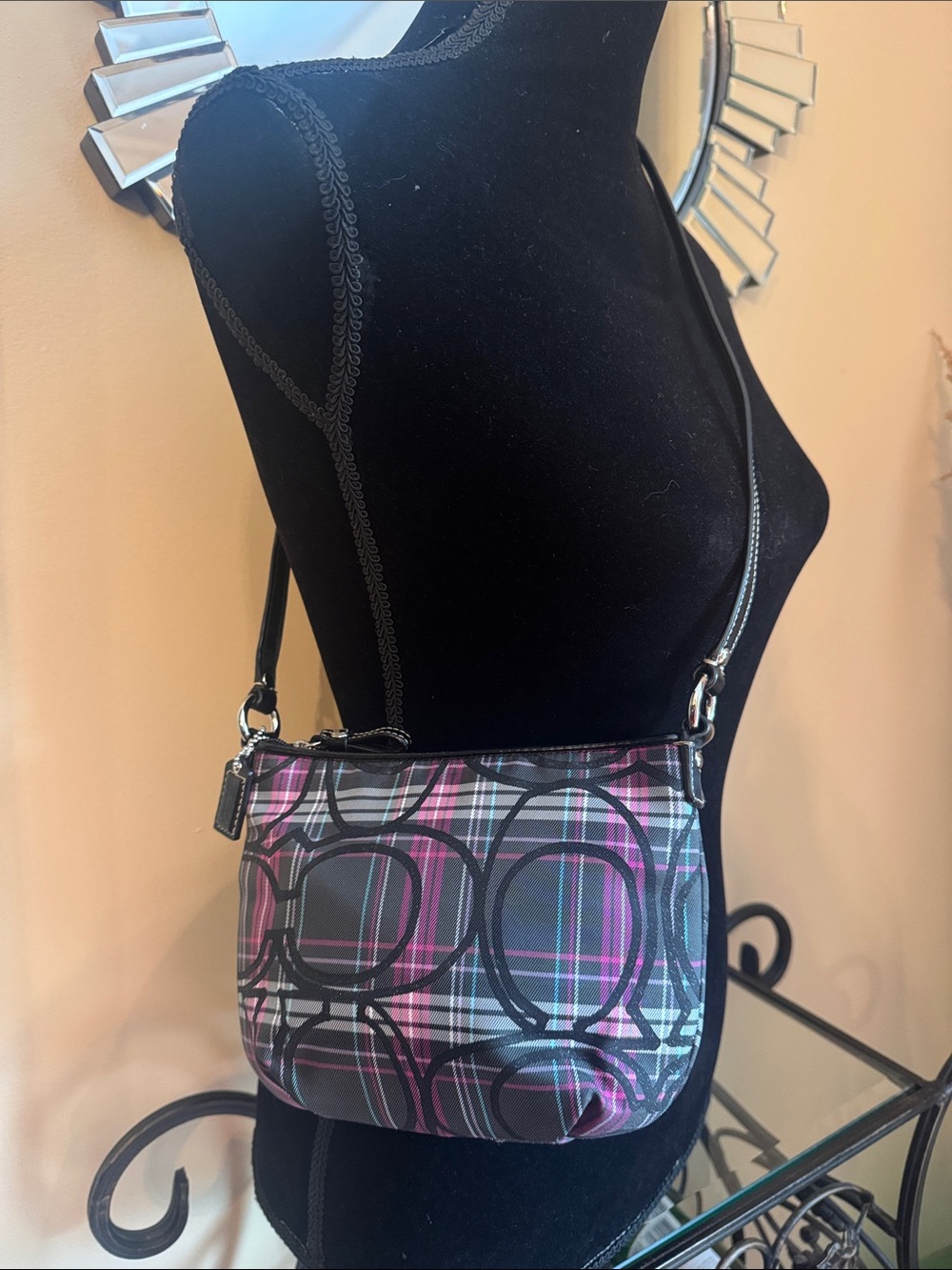 Coach Black and Pink Plaid Signature Crossbody Bag
